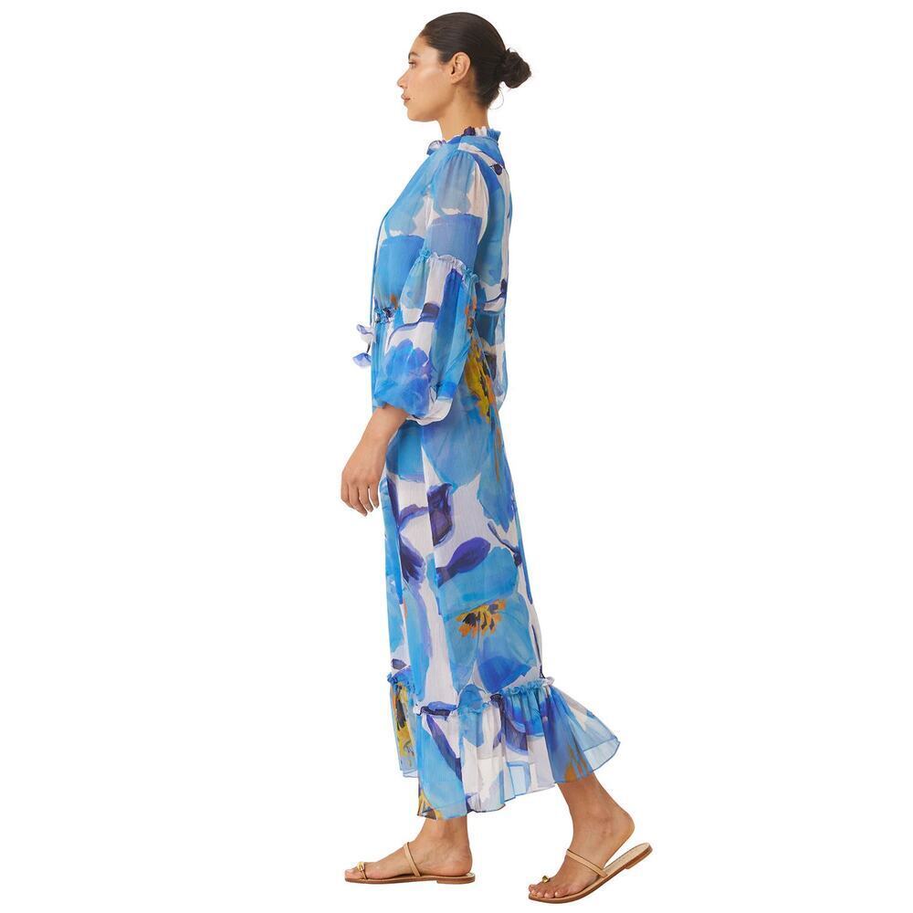 Misa Amata Chiffon Blue Poppy Midi Dress XS - Picture 2 of 10